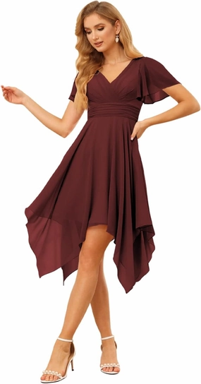 Clothfun V Neck Short Bridesmaid Dresses with Sleeves Ruched Chiffon A-Line Cocktail Dress for Women with Pockets
