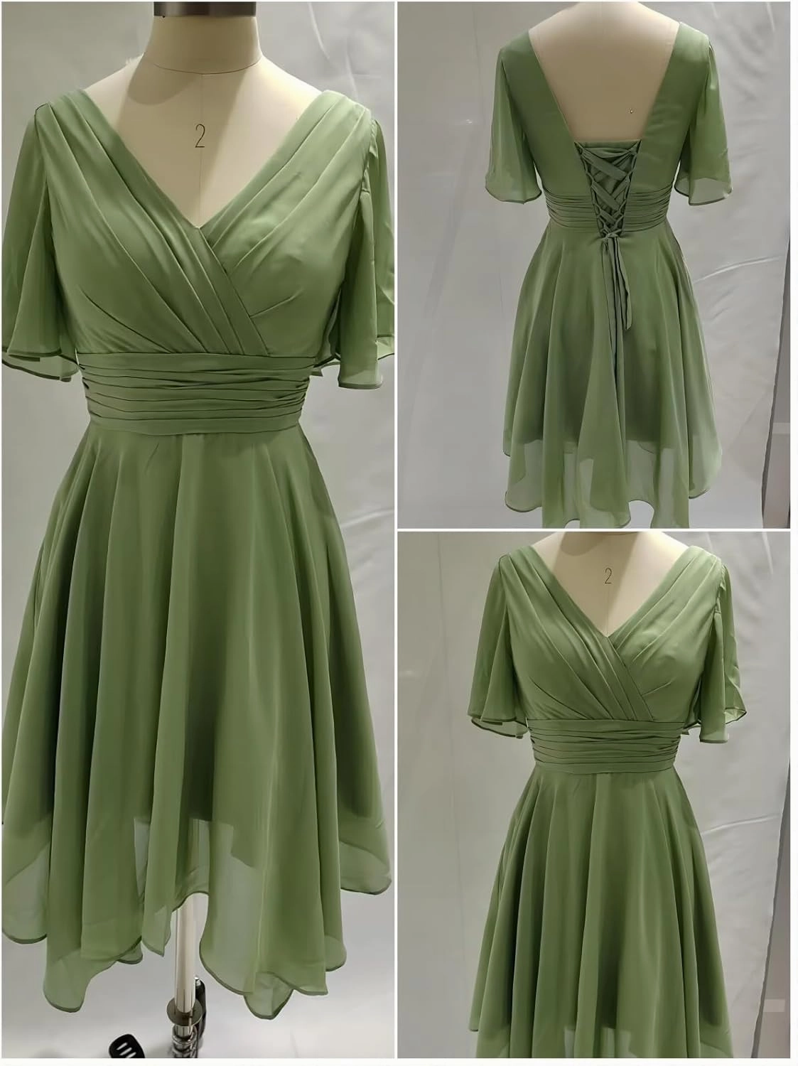 Clothfun V Neck Short Bridesmaid Dresses with Sleeves Ruched Chiffon A-Line Cocktail Dress for Women with Pockets