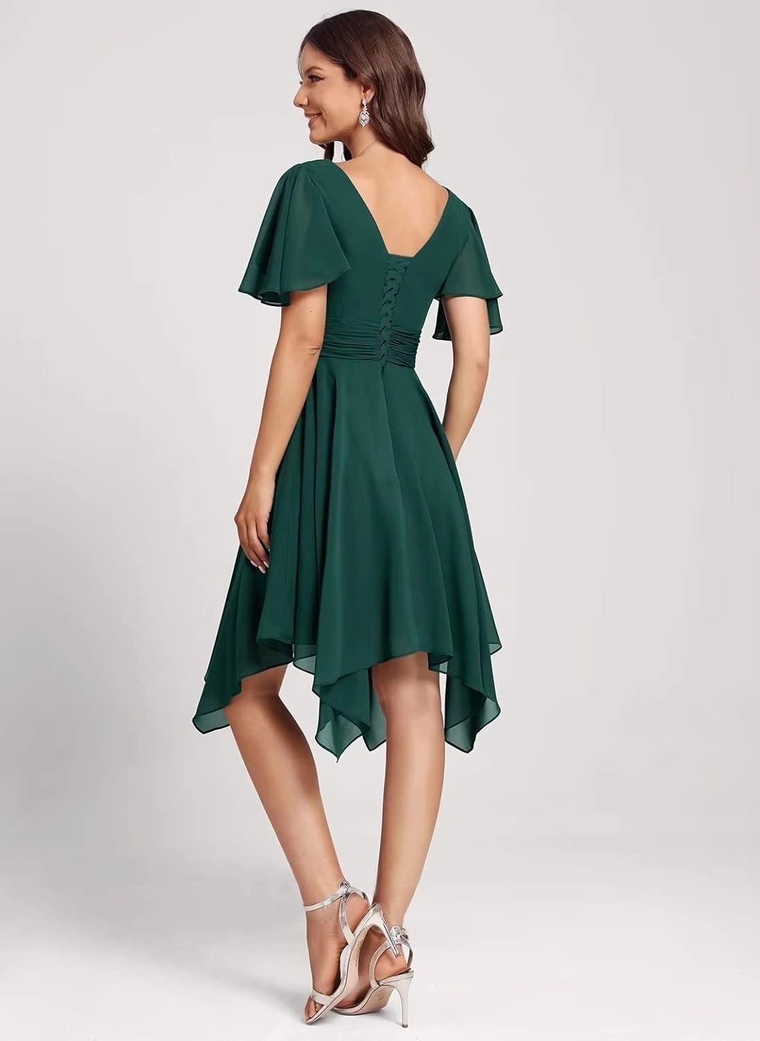 Clothfun V Neck Short Bridesmaid Dresses with Sleeves Ruched Chiffon A-Line Cocktail Dress for Women with Pockets