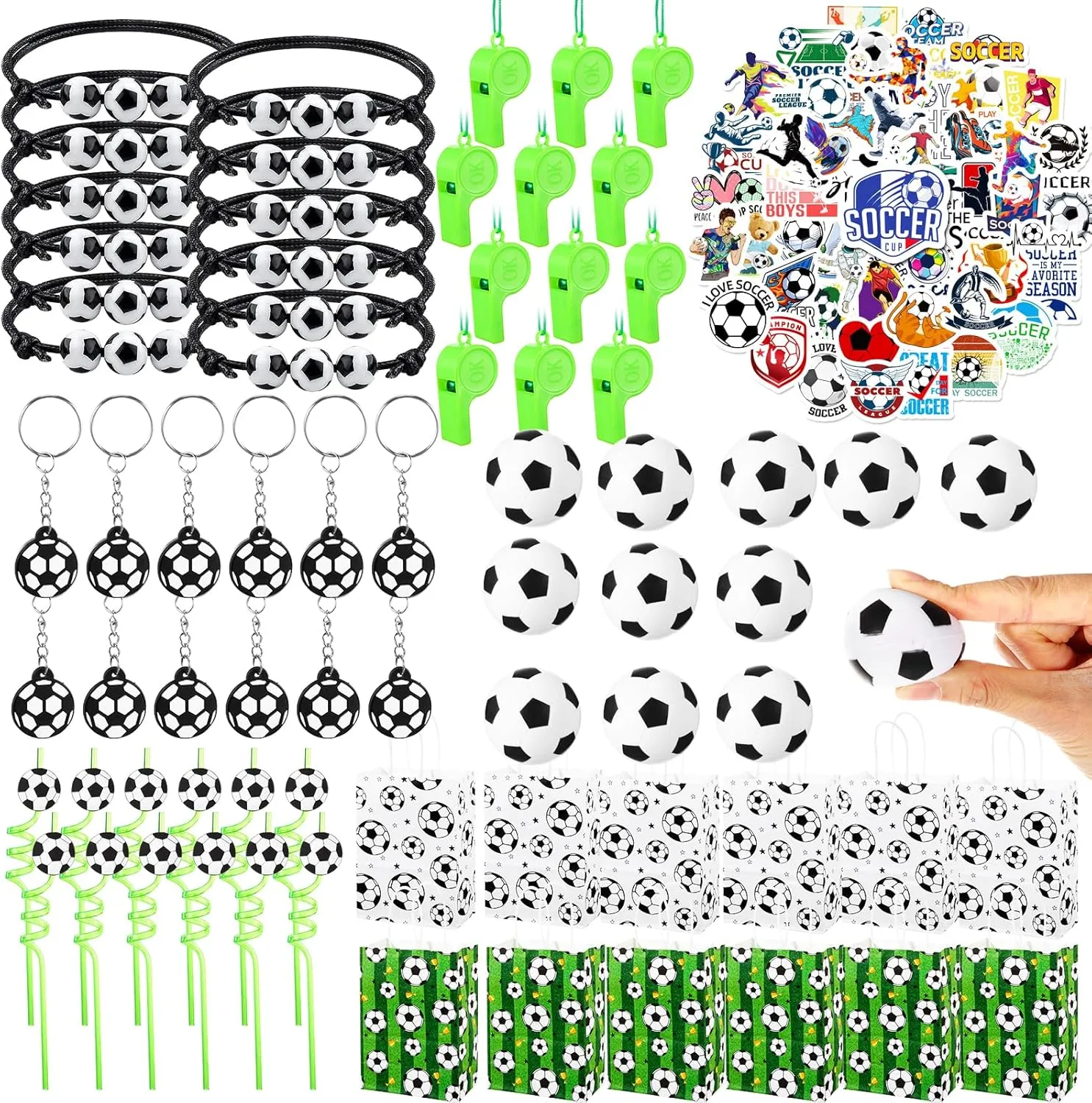 Colarr 122 Pcs Soccer Party Favors Include Key Chain Bracelets Mini Foam Ball Straw Stickers Goodie Bags Whistles Soccer Birthday Supplies Sports Gift Decoration for Kids Classroom Rewards