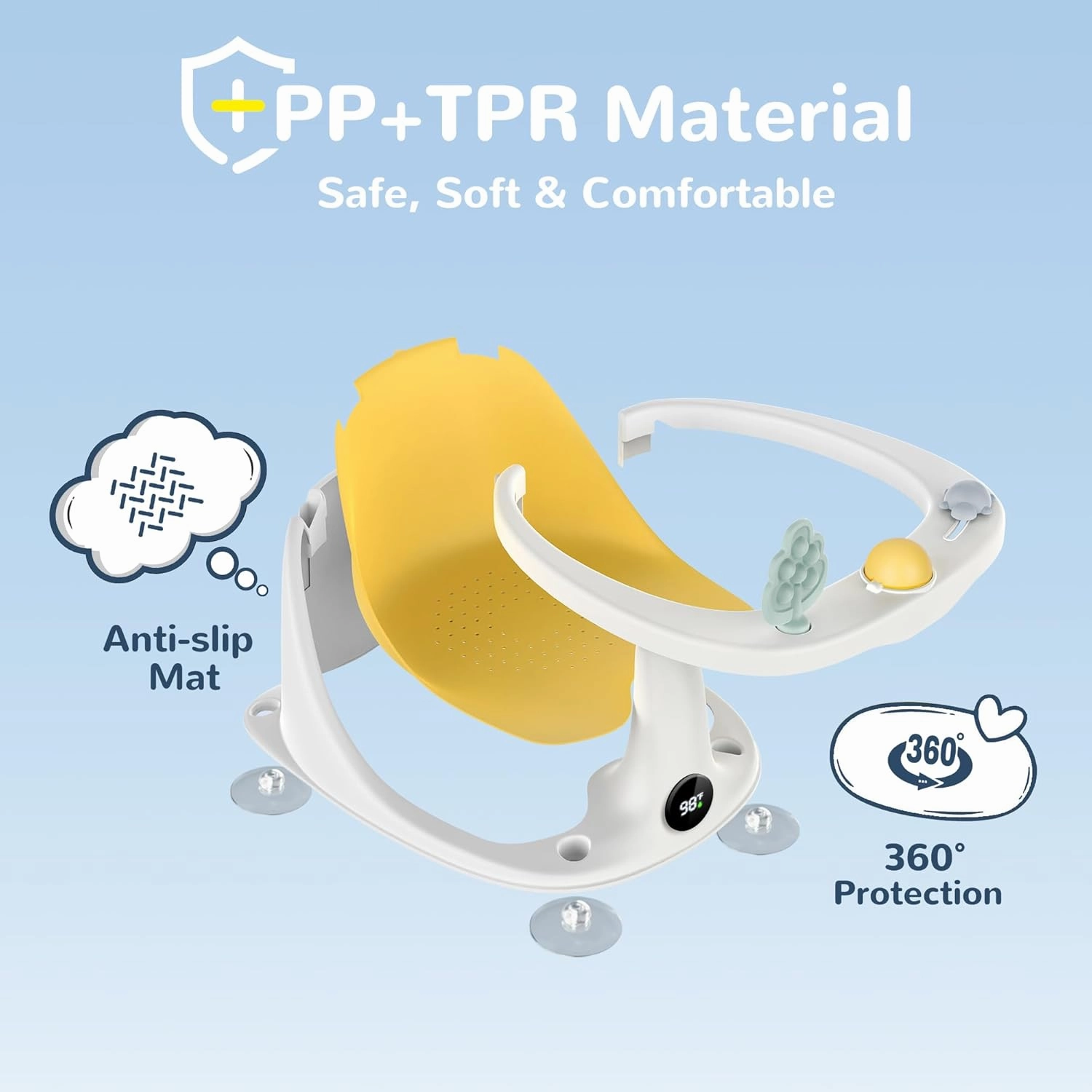 Coldew Baby Bath Seat for Babies 6 Months & Up, Non-Slip Toddler Bath Seat for Baby Sitting Up, Safe Baby Bath tub Seat with Suction Cups, Soft Cushion, Baby Bath Chair Yellow