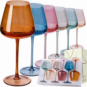 Colored Wine Glasses Set of 6, Hand Blown Large Colorful Wine Glass 18Oz, Lead-Free Premium Crystal Long Stem Wine Glass, Daily Use, Wedding Anniversary or Mother's Day gift, Multicolor