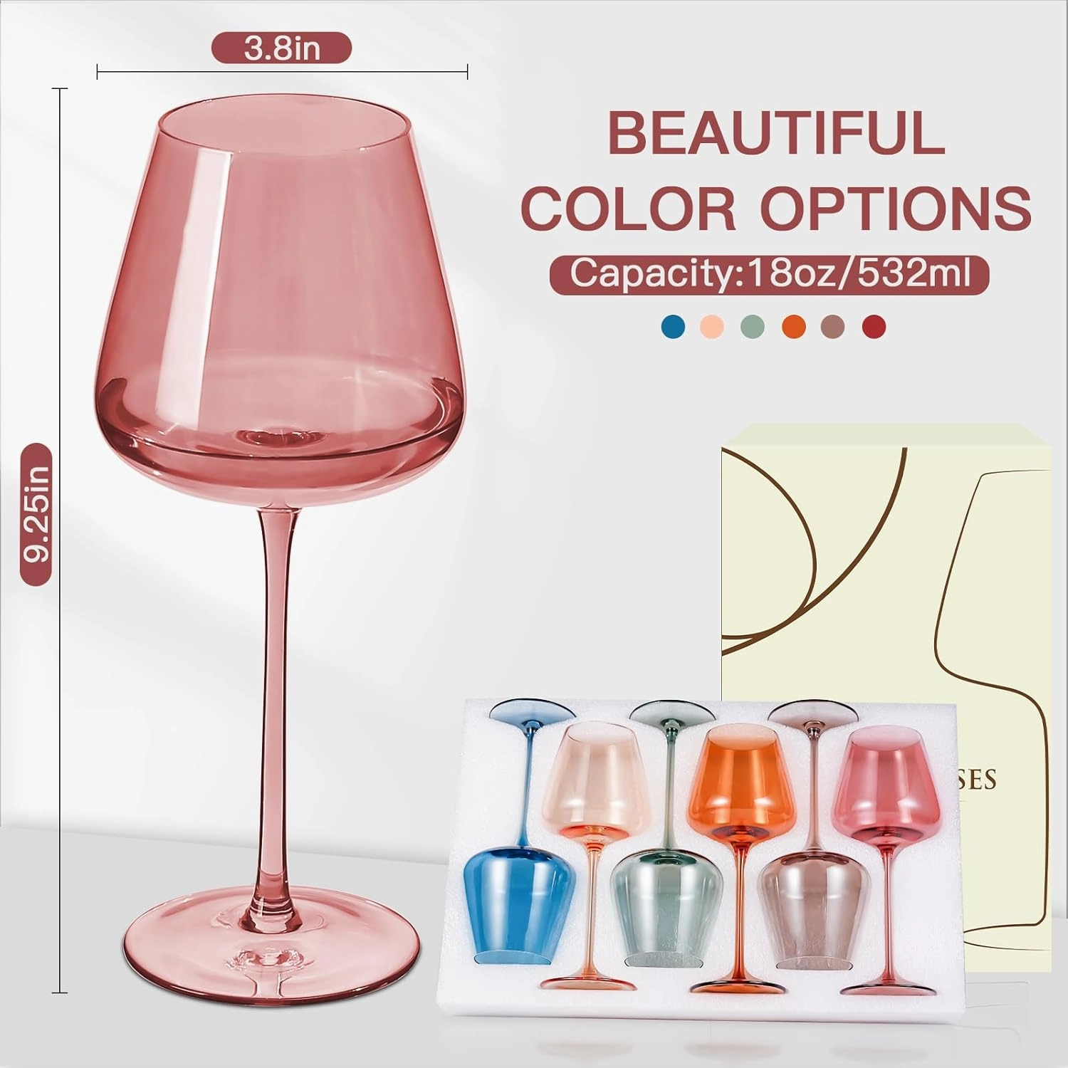 Colored Wine Glasses Set of 6, Hand Blown Large Colorful Wine Glass 18Oz, Lead-Free Premium Crystal Long Stem Wine Glass, Daily Use, Wedding Anniversary or Mother's Day gift, Multicolor