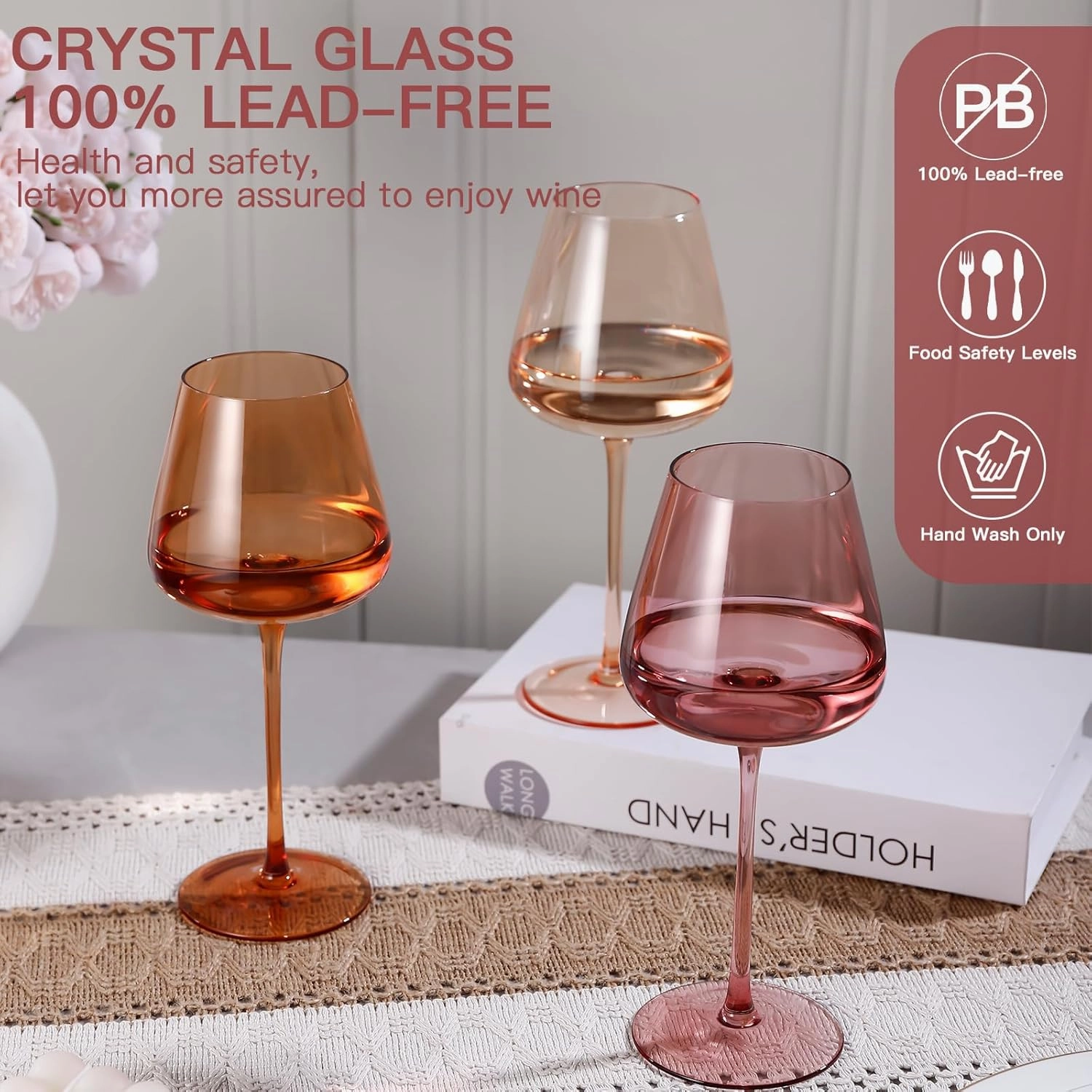 Colored Wine Glasses Set of 6, Hand Blown Large Colorful Wine Glass 18Oz, Lead-Free Premium Crystal Long Stem Wine Glass, Daily Use, Wedding Anniversary or Mother's Day gift, Multicolor