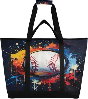 Colorful Baseaball Reusable Insulated Lunchbox Cooler Bag, Leakproof Kitchen Grocery Bag Collapsible Portable Cooler Tote Bag for Picnic, Camping, Office, Travel