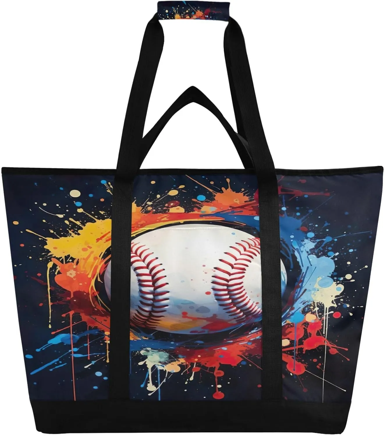 Colorful Baseaball Reusable Insulated Lunchbox Cooler Bag, Leakproof Kitchen Grocery Bag Collapsible Portable Cooler Tote Bag for Picnic, Camping, Office, Travel