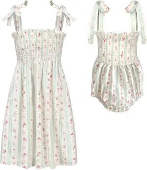 Colorful Childhood Baby Girls Summer Dress Toddler Strap Smocked Floral Boho Beach Dress Rompers Sisters Matching Outfits