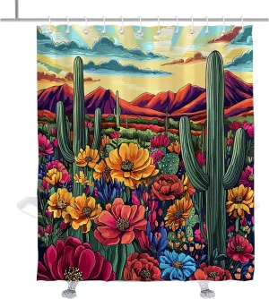 Colorful Desert Shower Curtain, Retro Cactus and Red Hills, Neutral Boho Bathroom Decor with Hooks 72" W x 84" H
