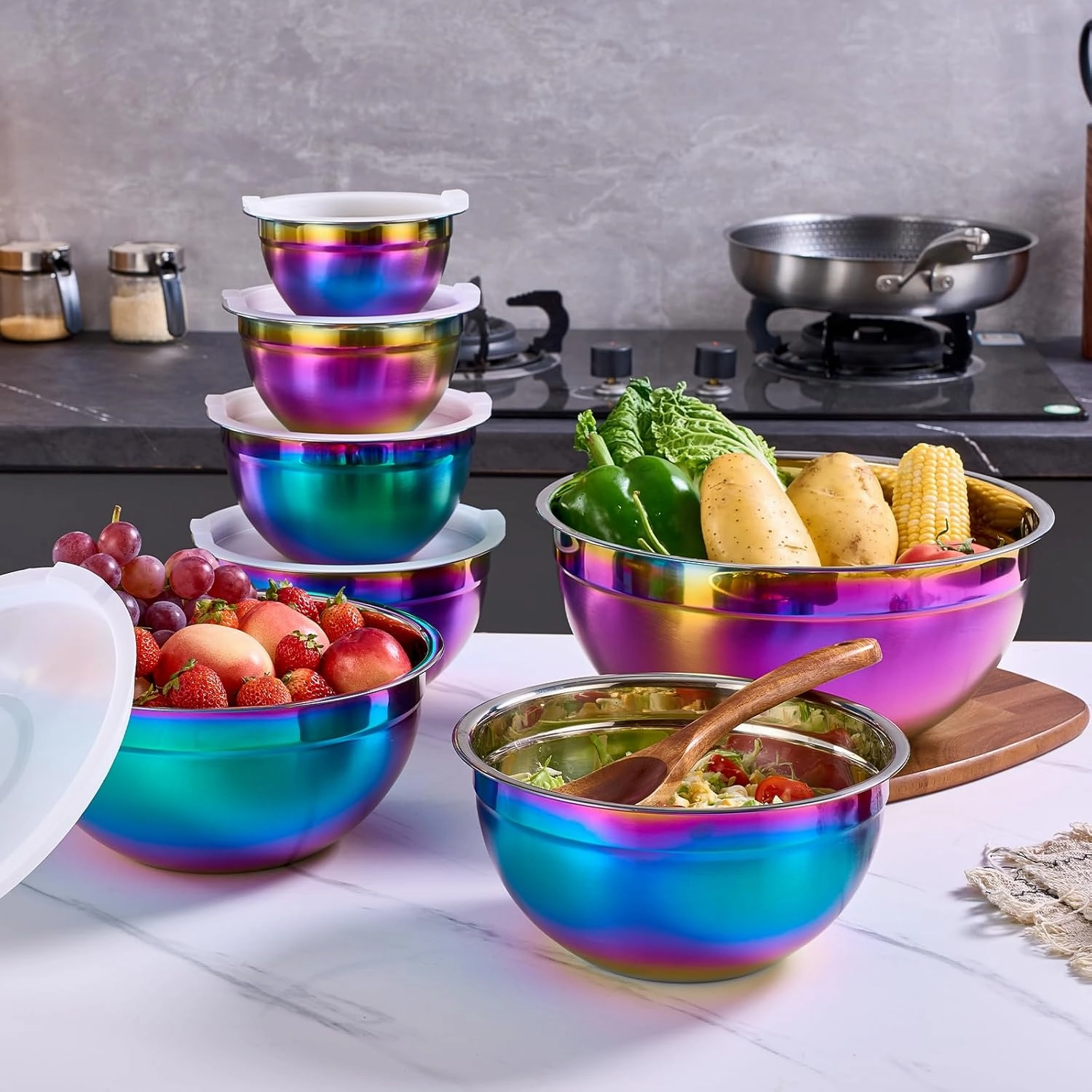 Colorful Mixing Bowls with Airtight Lids, Stainless Steel Nesting Mixing Bowls Set of 7, Ideal for Baking, Prepping and Serving Food, Size 7, 3.6, 2.7, 2.1, 1.5, 1.1,0.8 QT, Stackable Design