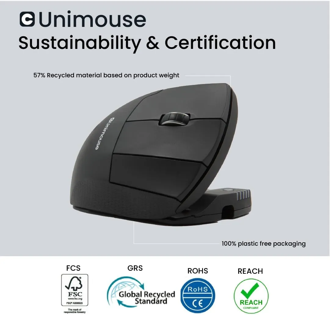 Contour Design Unimouse Eco Wired Ergonomic Mouse - Right-Hand Vertical Design for Gaming, Laptop & Desktop - Adjustable, Mac & PC Compatible