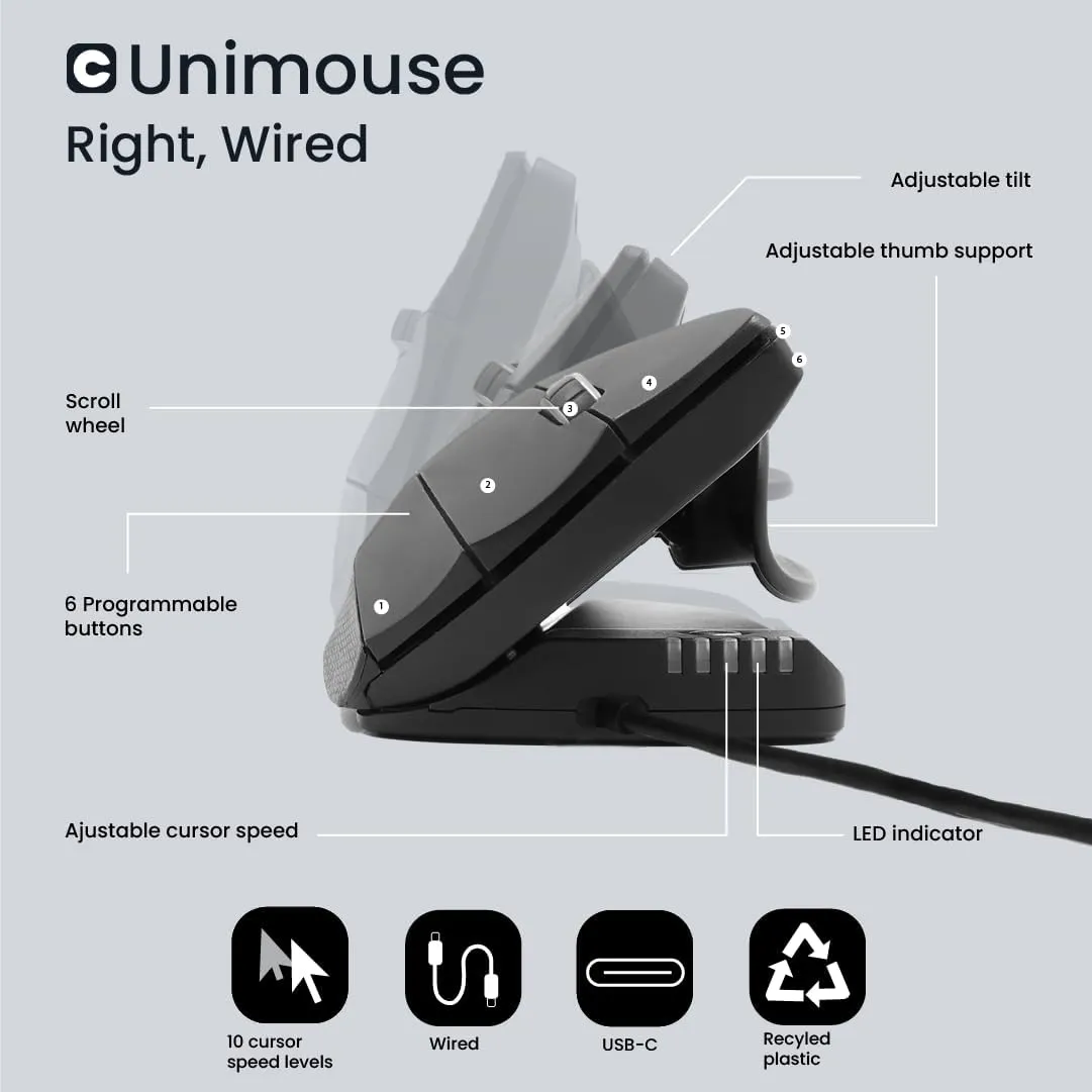 Contour Design Unimouse Eco Wired Ergonomic Mouse - Right-Hand Vertical Design for Gaming, Laptop & Desktop - Adjustable, Mac & PC Compatible