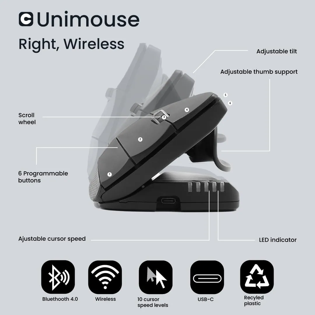 Contour Design Unimouse Eco Wireless Bluetooth Ergonomic Mouse - Right-Hand Vertical Design for Gaming, Laptop & Desktop - Adjustable, Mac & PC Compatible