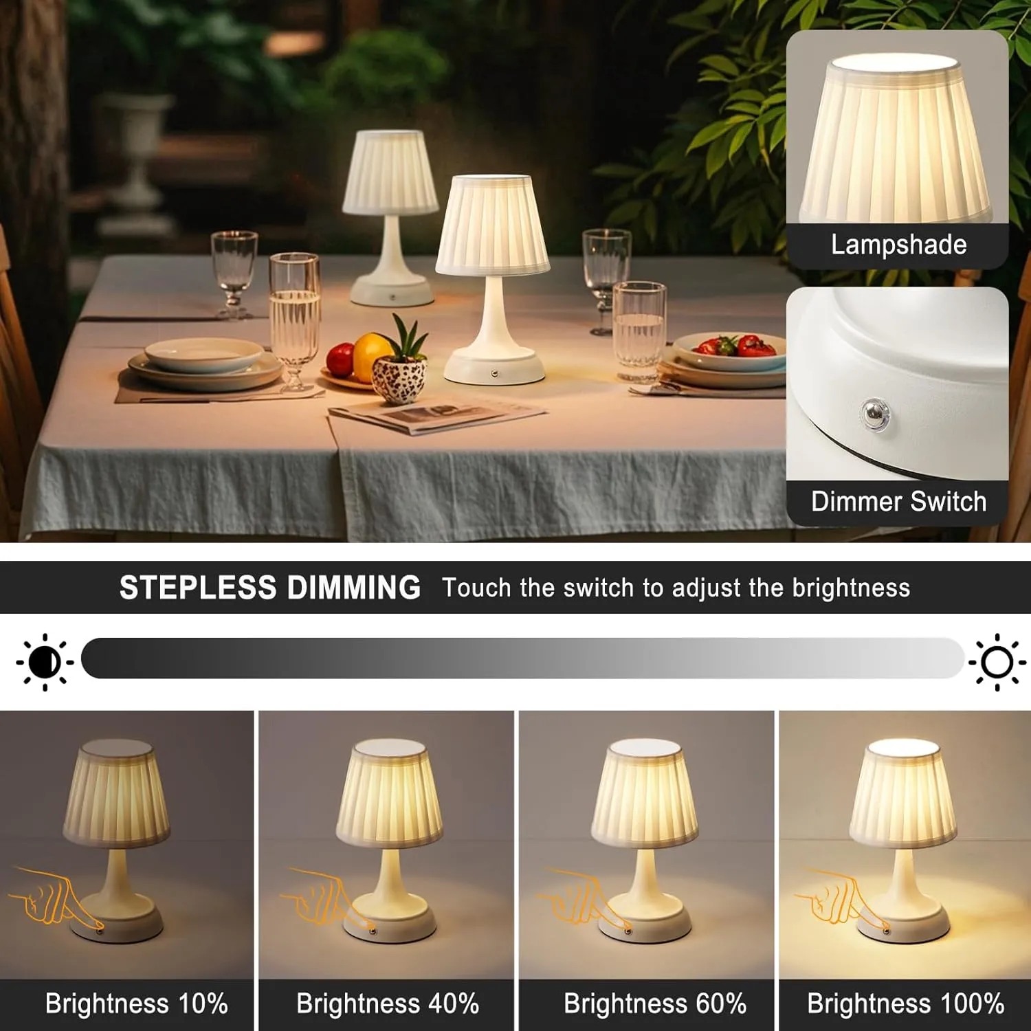 Cordless LED Table Lamp, Modern Portable Rechargeable Battery Operated Desk Lamp Small Shower Lamp with Touch Dimmable Switch and Fabric Lamp Shade for Bedroom/Restaurant/Bedside/Nightstand/Bar