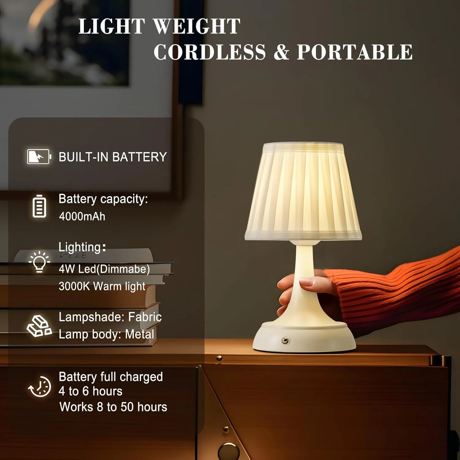 Cordless LED Table Lamp, Modern Portable Rechargeable Battery Operated Desk Lamp Small Shower Lamp with Touch Dimmable Switch and Fabric Lamp Shade for Bedroom/Restaurant/Bedside/Nightstand/Bar