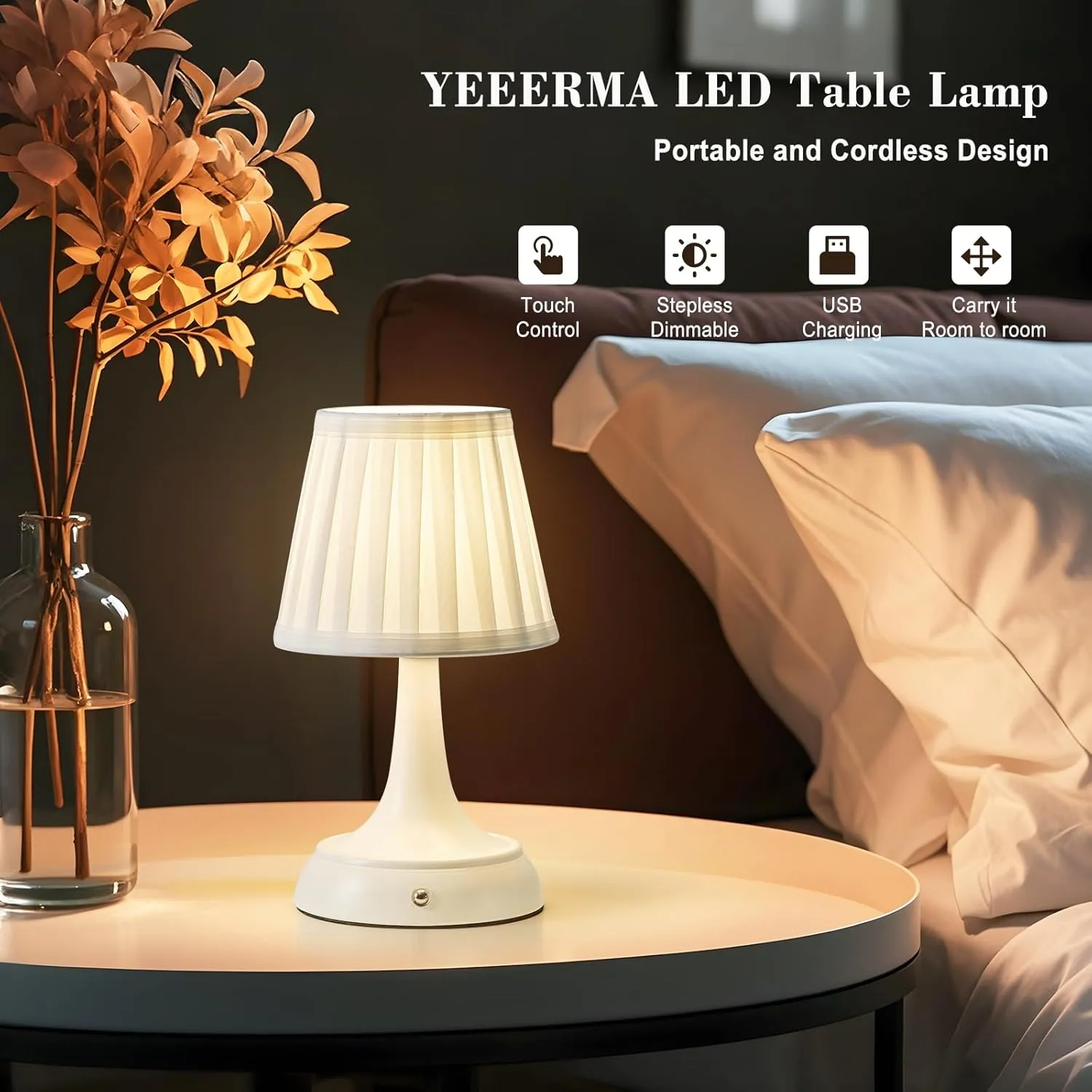 Cordless LED Table Lamp, Modern Portable Rechargeable Battery Operated Desk Lamp Small Shower Lamp with Touch Dimmable Switch and Fabric Lamp Shade for Bedroom/Restaurant/Bedside/Nightstand/Bar