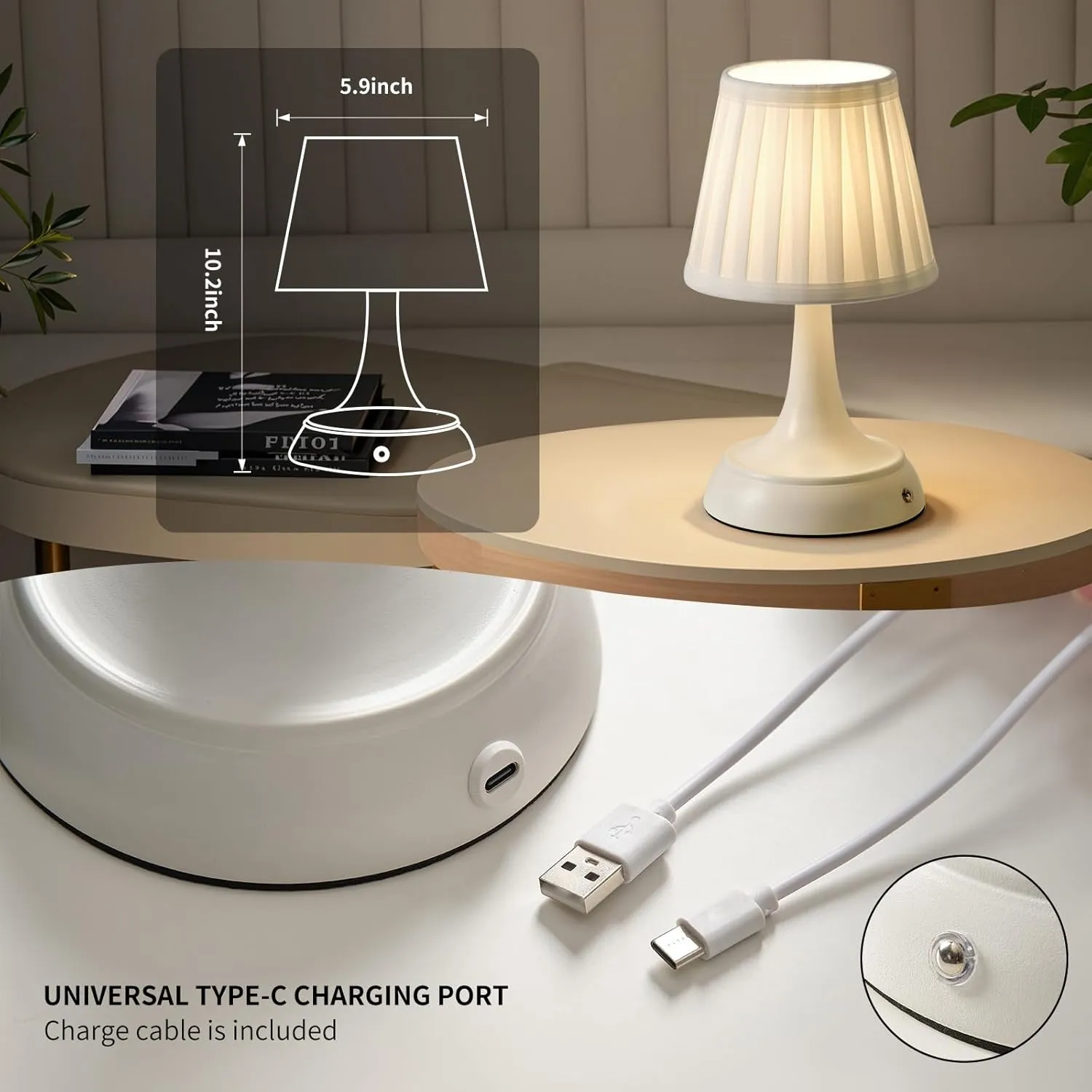 Cordless LED Table Lamp, Modern Portable Rechargeable Battery Operated Desk Lamp Small Shower Lamp with Touch Dimmable Switch and Fabric Lamp Shade for Bedroom/Restaurant/Bedside/Nightstand/Bar