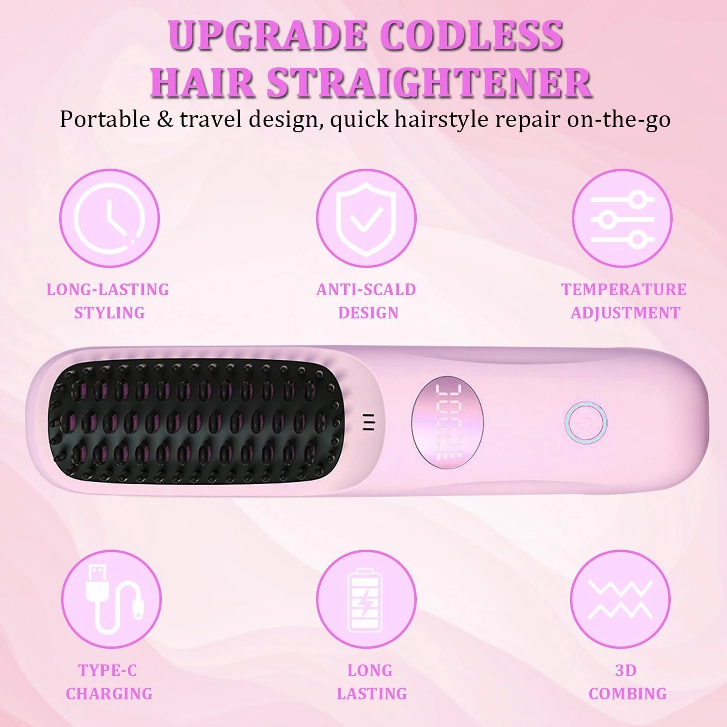Cordless Hair Straightener Brush, Portable Straightener Brush for Travel with LED Temperature, Display Fast Heating Rechargeable Mini Hot Ionic Straightener Comb for Women (Pink)