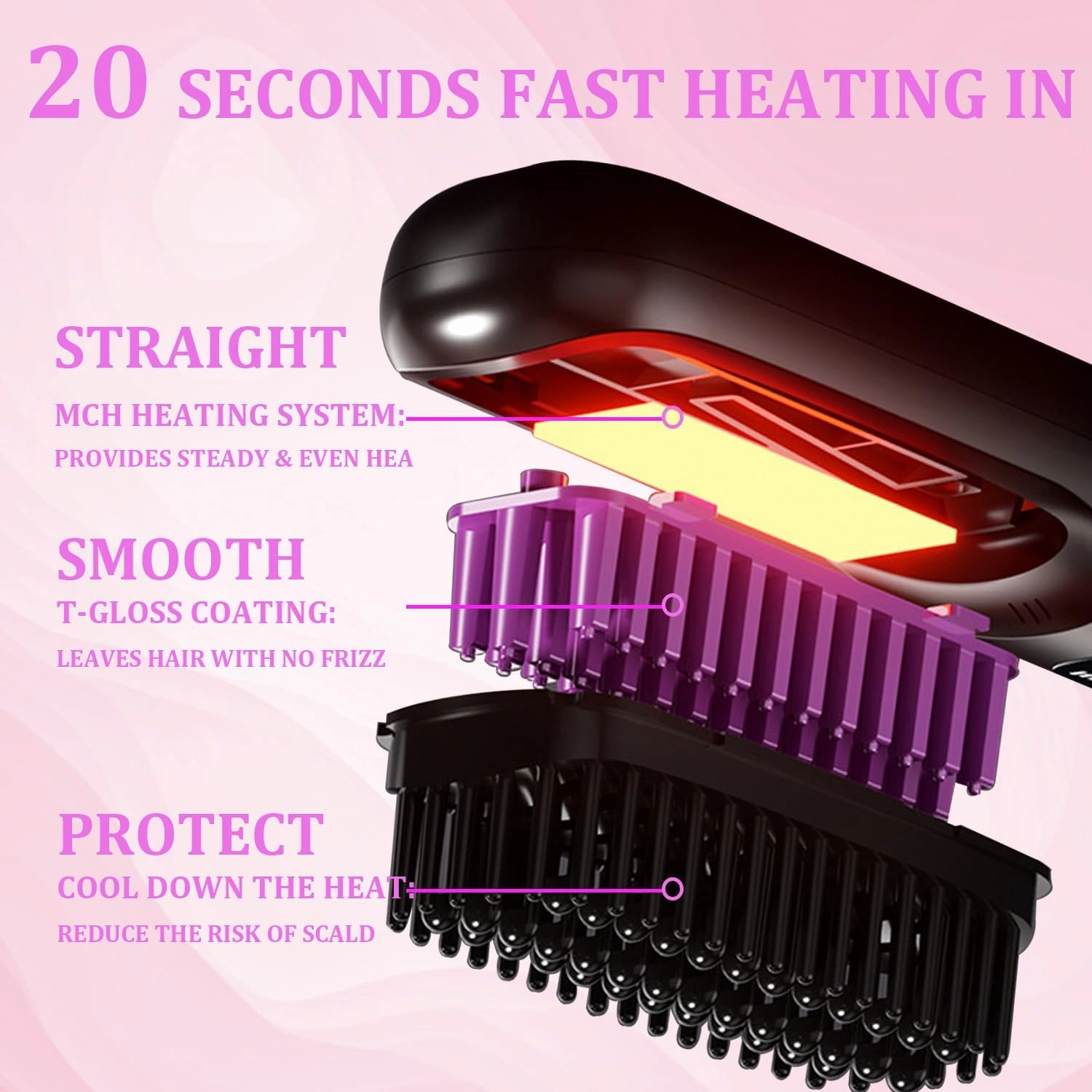 Cordless Hair Straightener Brush, Portable Straightener Brush for Travel with LED Temperature, Display Fast Heating Rechargeable Mini Hot Ionic Straightener Comb for Women (Pink)