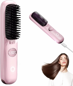 Cordless Hair Straightener Brush, Portable Straightener Brush for Travel with LED Temperature, Display Fast Heating Rechargeable Mini Hot Ionic Straightener Comb for Women (Pink)