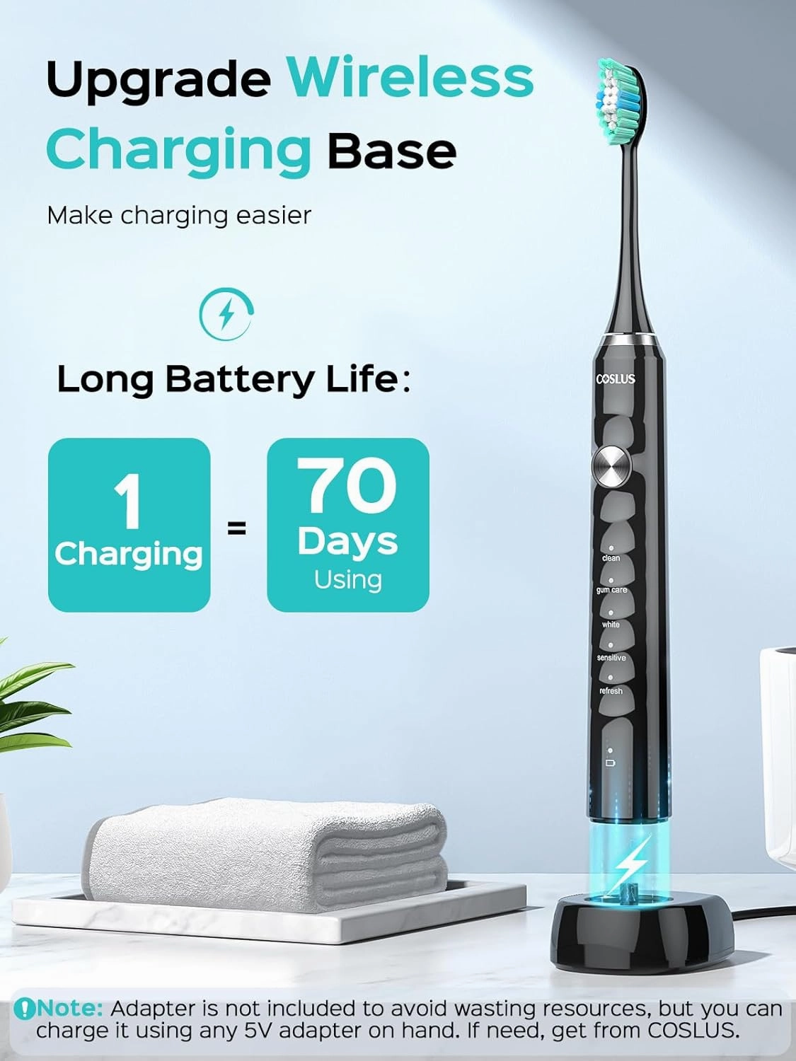 COSLUS Electric Toothbrush for Adults and Teen: Wireless Rechargeable Tooth Brush for Adult and Teen Youth with Portable Travel Case, 5 Modes 47000 VPM Power Toothbrushes 6 Brush Heads Black