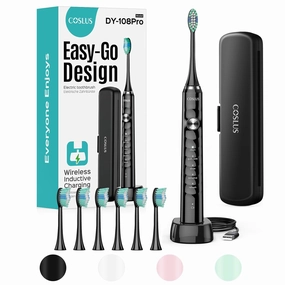 COSLUS Electric Toothbrush for Adults and Teen: Wireless Rechargeable Tooth Brush for Adult and Teen Youth with Portable Travel Case, 5 Modes 47000 VPM Power Toothbrushes 6 Brush Heads Black