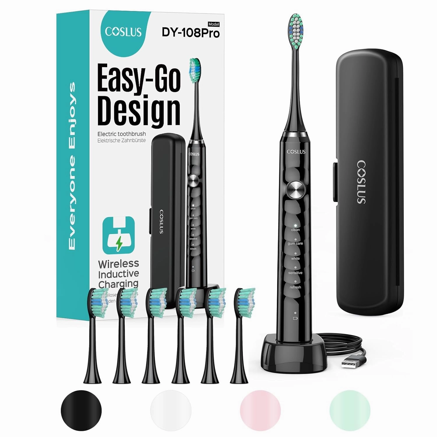 COSLUS Electric Toothbrush for Adults and Teen: Wireless Rechargeable Tooth Brush for Adult and Teen Youth with Portable Travel Case, 5 Modes 47000 VPM Power Toothbrushes 6 Brush Heads Black