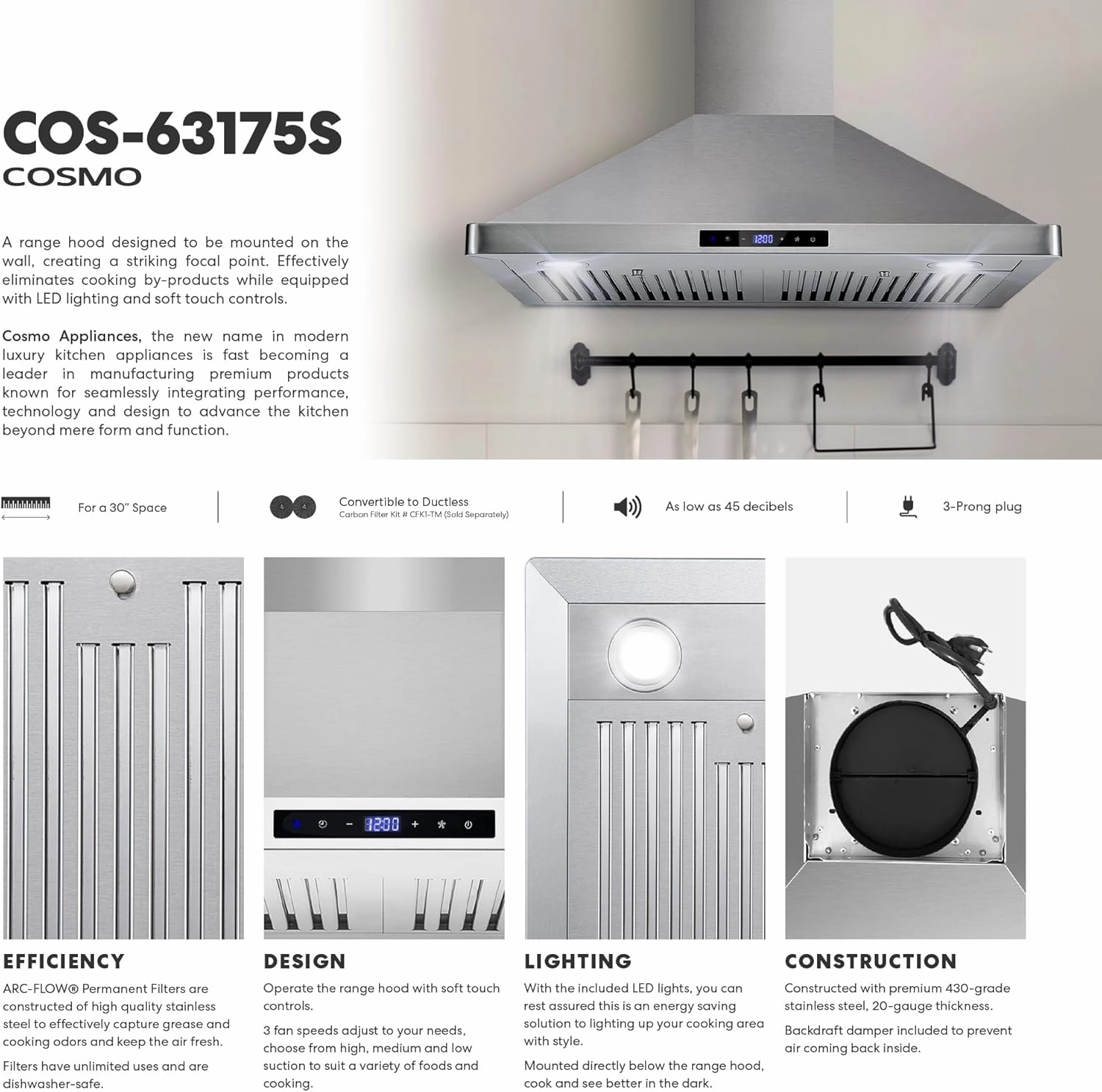 COSMO COS-63175S 30 in. Vista Collection 380 CFM Ducted Wall Mount Range Hood, Touch Controls, LED Lights, Stainless Steel