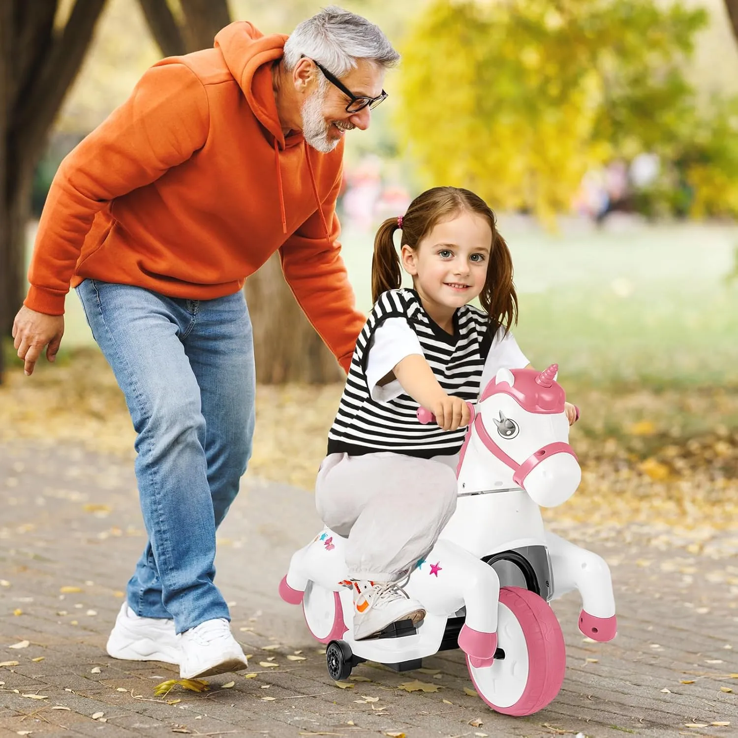 Costzon Ride on Car, 12V Ride on Toys for Toddlers Pony w/Training Wheels, Up & Down Mode, Music, One-Button Start & LED Display, Motorized Play Horse, Kids Car Motorcycle for Boys Girls (Pink White)