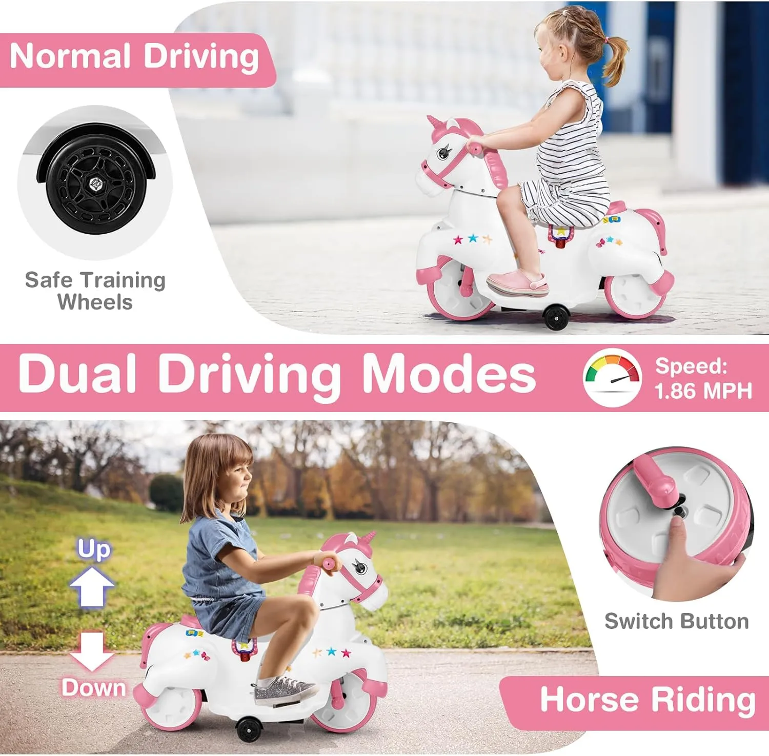 Costzon Ride on Car, 12V Ride on Toys for Toddlers Pony w/Training Wheels, Up & Down Mode, Music, One-Button Start & LED Display, Motorized Play Horse, Kids Car Motorcycle for Boys Girls (Pink White)