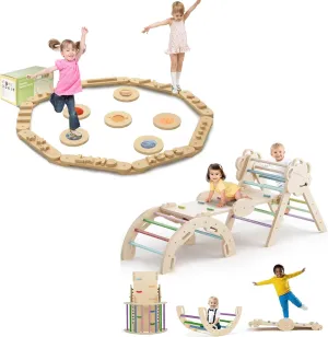 COSYLAND Wooden Balance Beam and Pikler Triangle Set