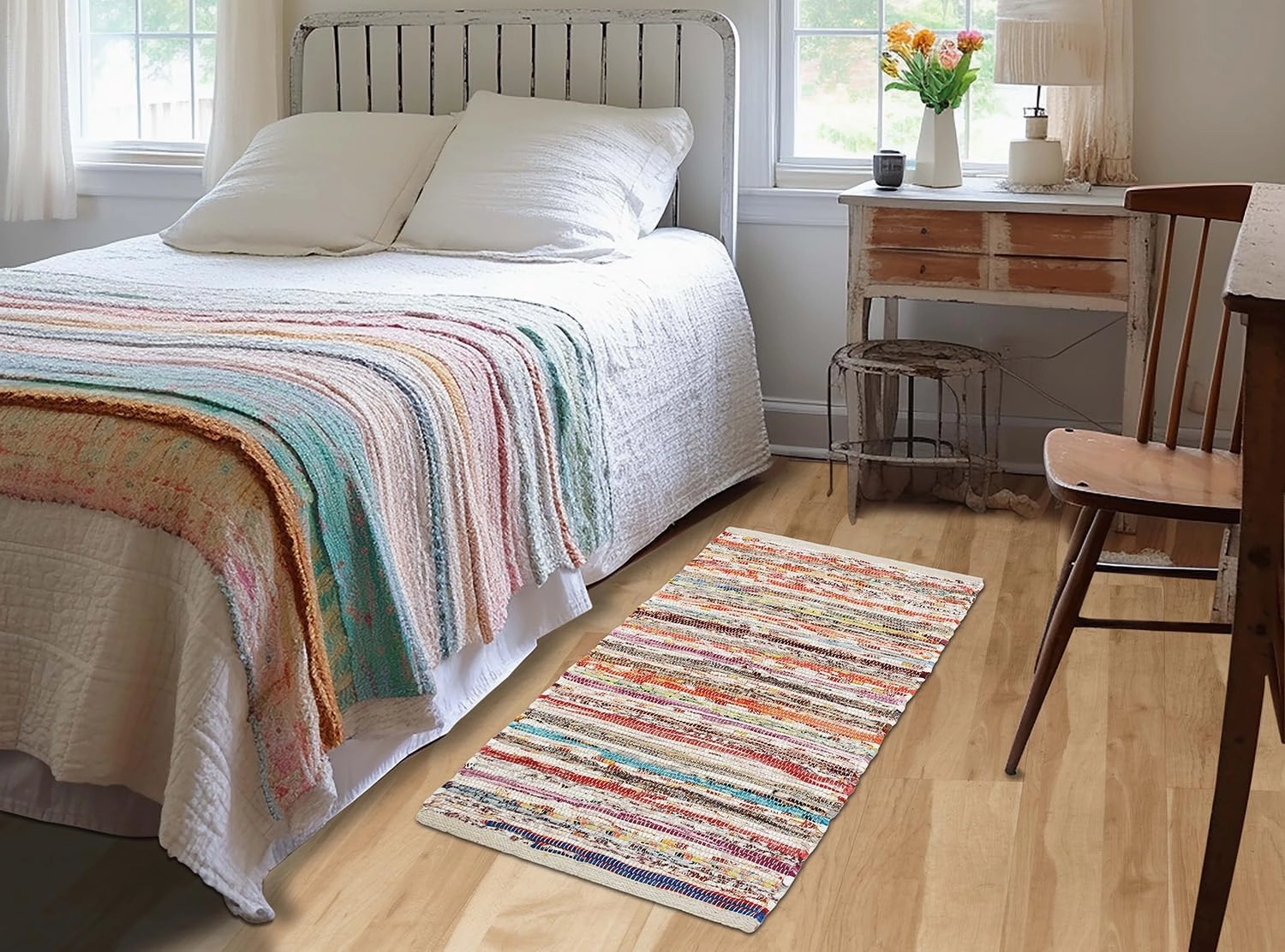 COTTON CRAFT Cotton Chindi Rag Rug - 2 Pack - Boho Farmhouse Rustic Area Accent Throw Rug - Handwoven Reversible Natural Recycled Yarn - Living Room Den Study Home Décor Gift -20 x 32 in - Multi Color