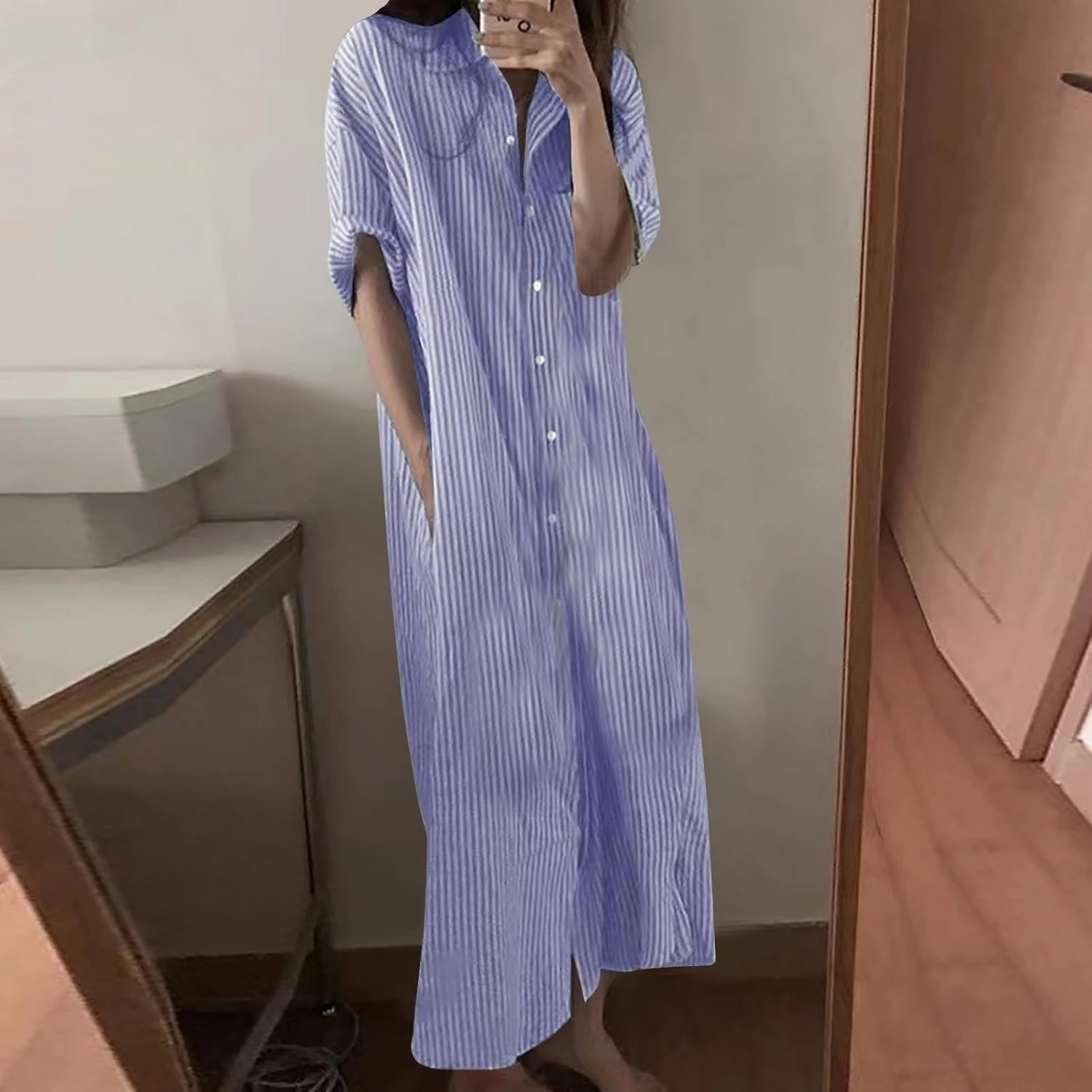 Cotton Linen Dress for Women Roll Up Short Sleeve Button Down Dress V Neck Collared Loose Casual Striped Shirt Dresses