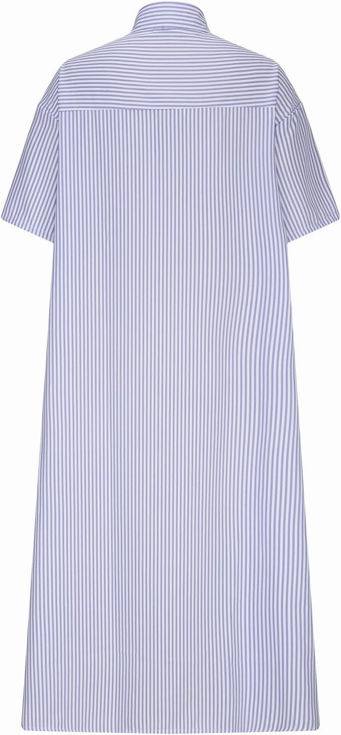 Cotton Linen Dress for Women Roll Up Short Sleeve Button Down Dress V Neck Collared Loose Casual Striped Shirt Dresses