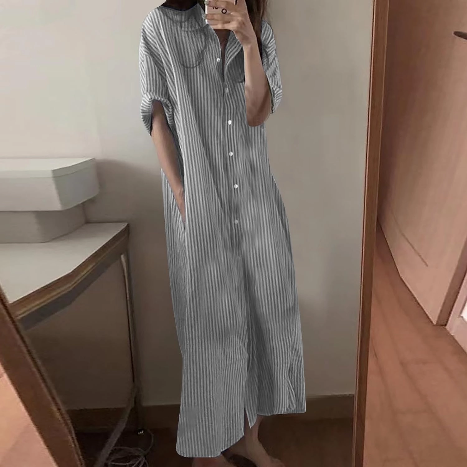 Cotton Linen Dress for Women Roll Up Short Sleeve Button Down Dress V Neck Collared Loose Casual Striped Shirt Dresses