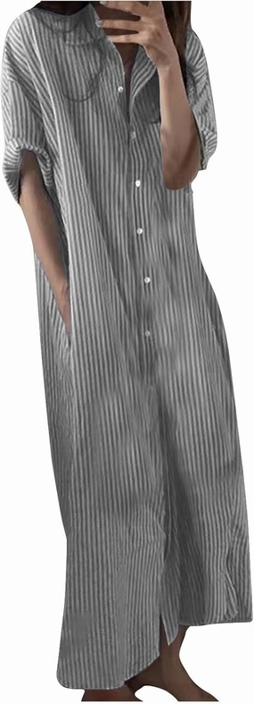 Cotton Linen Dress for Women Roll Up Short Sleeve Button Down Dress V Neck Collared Loose Casual Striped Shirt Dresses