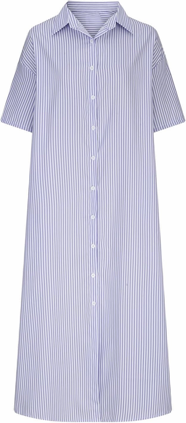 Cotton Linen Dress for Women Roll Up Short Sleeve Button Down Dress V Neck Collared Loose Casual Striped Shirt Dresses