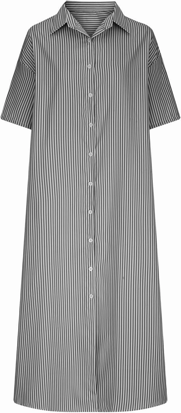 Cotton Linen Dress for Women Roll Up Short Sleeve Button Down Dress V Neck Collared Loose Casual Striped Shirt Dresses