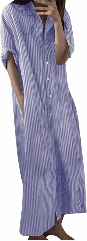 Cotton Linen Dress for Women Roll Up Short Sleeve Button Down Dress V Neck Collared Loose Casual Striped Shirt Dresses
