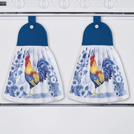 Country Blue Rooster Hanging Kitchen Towels - Set of 2