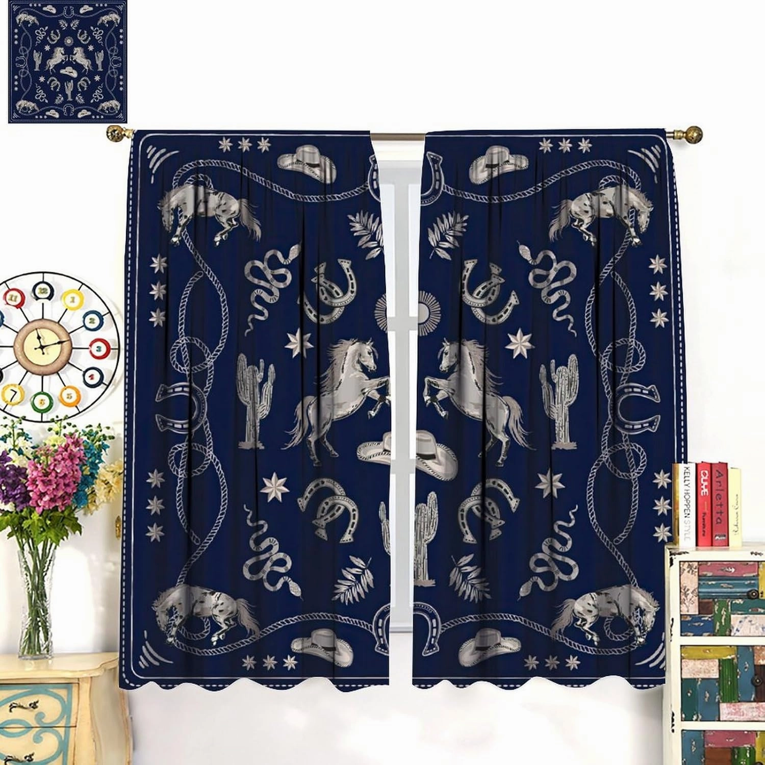 Cowboy Blackout Curtains, Rustic Wild West Cowboy Horseback Riding and Desert Cactus Cactus, Bedroom Living Room Kitchen
