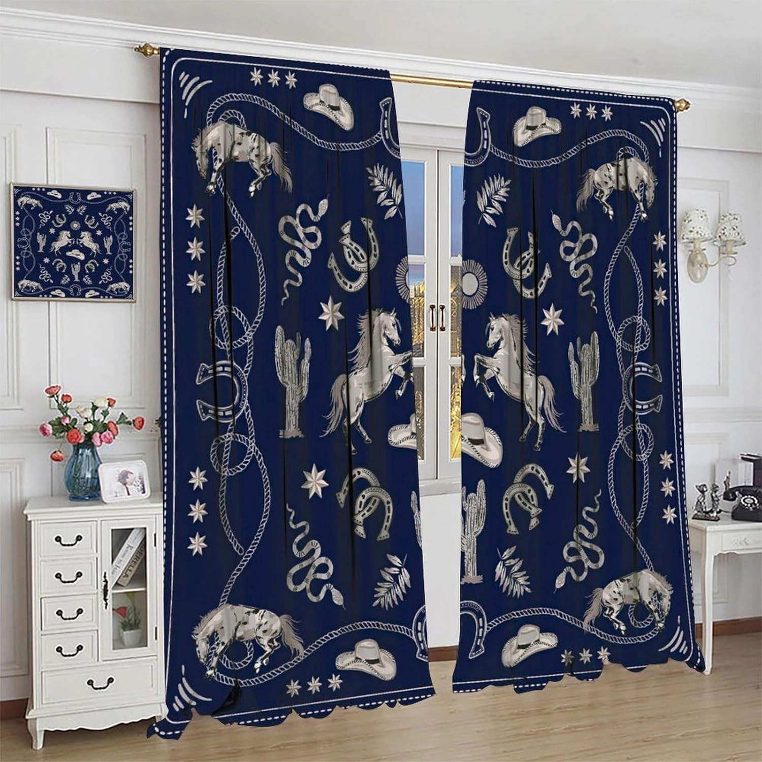 Cowboy Blackout Curtains, Rustic Wild West Cowboy Horseback Riding and Desert Cactus Cactus, Bedroom Living Room Kitchen