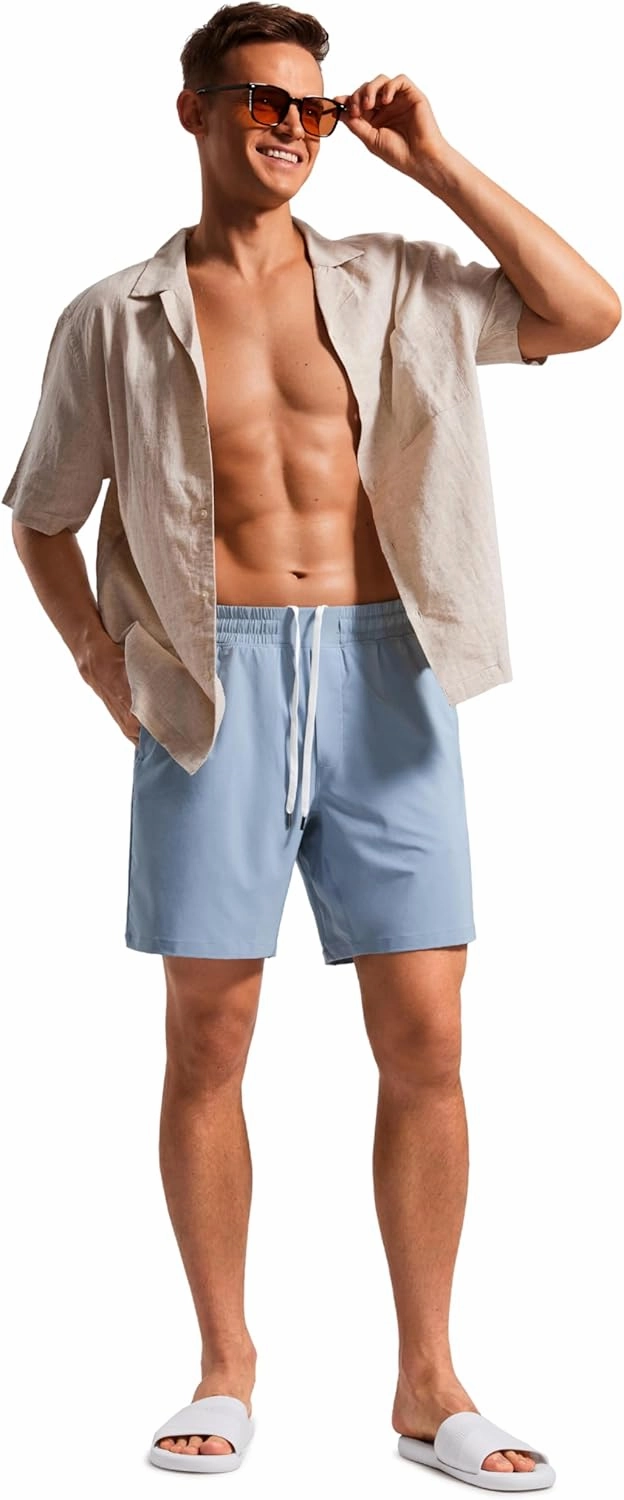 CRZ YOGA Mens Swim Trunks 7'' Quick Dry Mesh Lining Athletic Casual Swimwear Shorts with Zipper Pockets