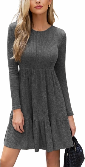 CUPSHE Fall Dress for Women 2025 Casual Round Neck Long Sleeve Knit Ruffled Fitted A Line Mini Spring Sweater Dress