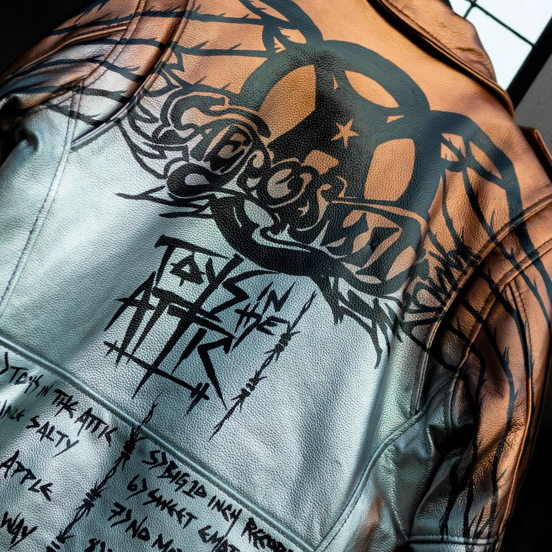 Custom Hand-Painted Aerosmith Leather Jacket – Unique Rock & Roll Biker Jacket with Toys in the Attic Artwork – Vintage Music Fan Apparel