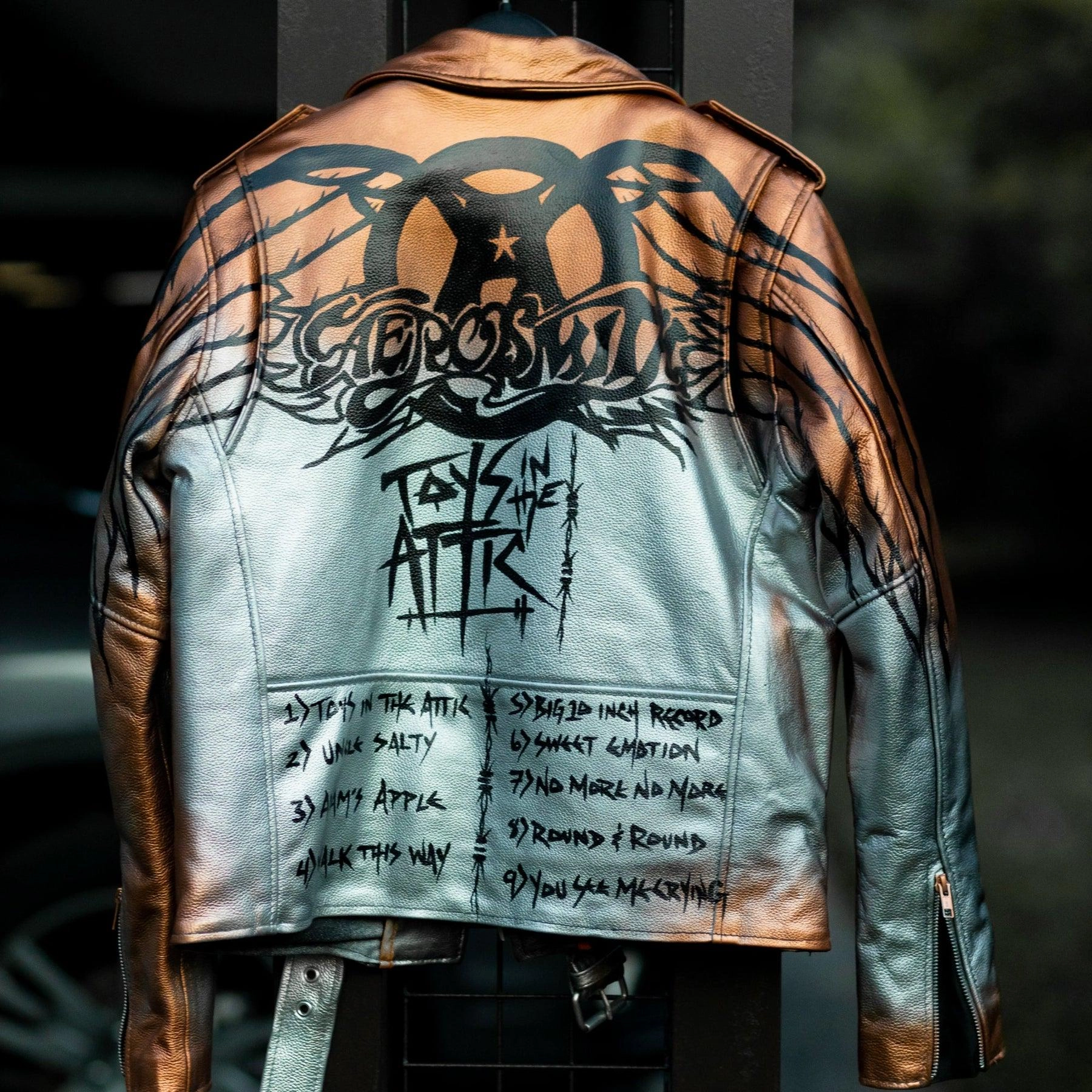 Custom Hand-Painted Aerosmith Leather Jacket – Unique Rock & Roll Biker Jacket with Toys in the Attic Artwork – Vintage Music Fan Apparel