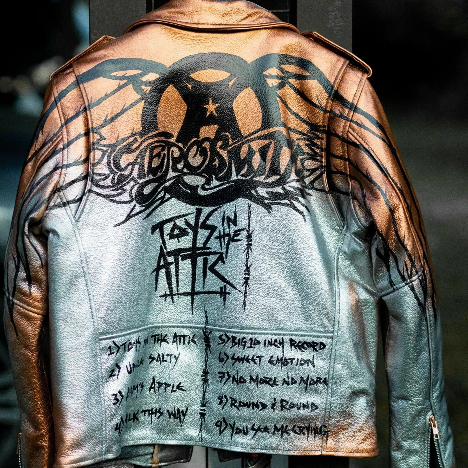 Custom Hand-Painted Aerosmith Leather Jacket – Unique Rock & Roll Biker Jacket with Toys in the Attic Artwork – Vintage Music Fan Apparel