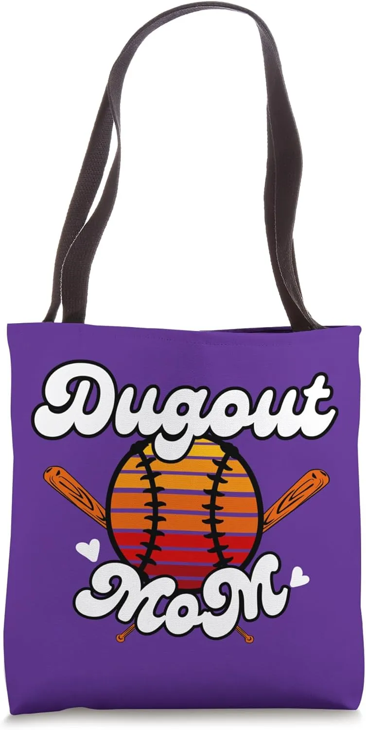 Cute Baseball Quote Dugout Mom Funny Baseball Retro Sunset Tote Bag