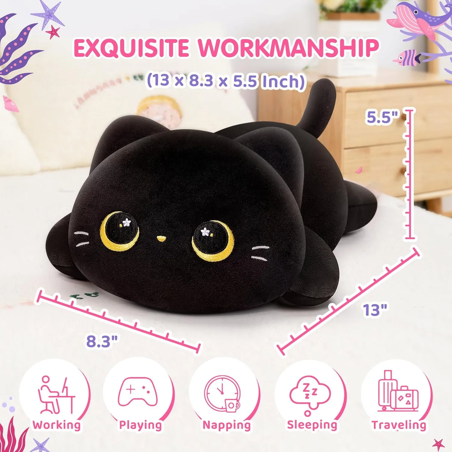 Cute Black Cat Plush Pillow, Kawaii Plushies Black Cat Stuffed Animals, Squishy Plushies, Cuddle Plush Pillow for Kids & Girls (13 Inch)