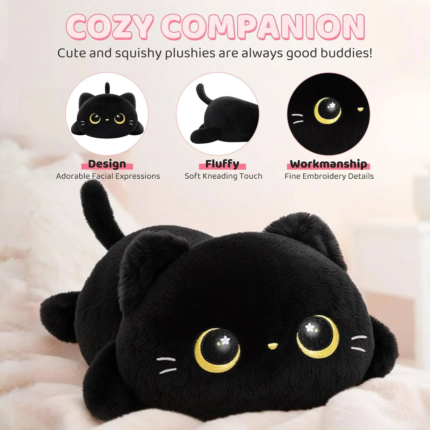 Cute Black Cat Plush Pillow, Kawaii Plushies Black Cat Stuffed Animals, Squishy Plushies, Cuddle Plush Pillow for Kids & Girls (13 Inch)