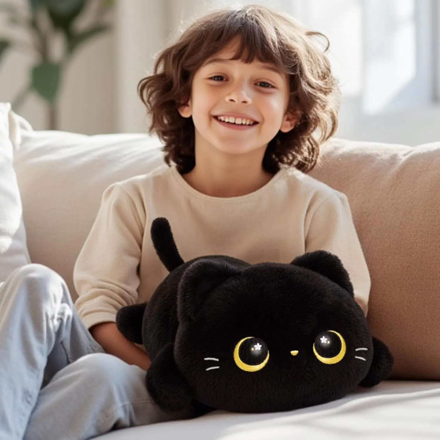 Cute Black Cat Plush Pillow, Kawaii Plushies Black Cat Stuffed Animals, Squishy Plushies, Cuddle Plush Pillow for Kids & Girls (13 Inch)